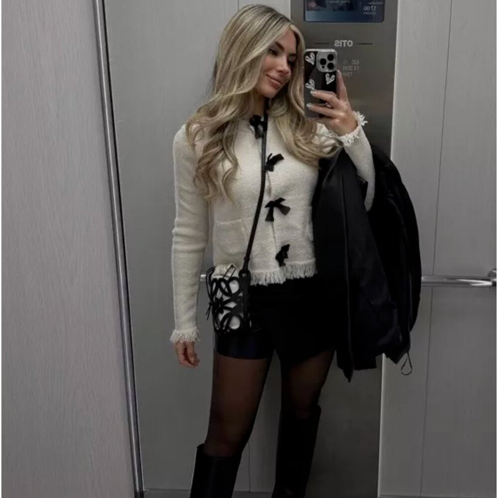 ZARA WOMAN BOWS KNIT CARDIGAN ECRU White Black ROUND NECK 9598/139 S M L XL